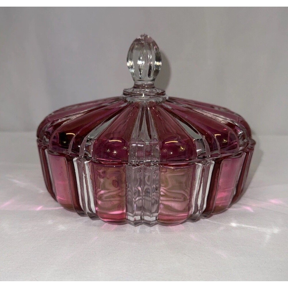 Anchor Hocking Candy Dish Old Cafe Red Striped Cranberry Glass Lid Vtg